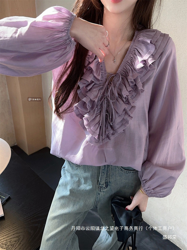 厂家直销感荷叶边v领衬衫女春季紫色长袖衬衣慵懒风宽松|undefined