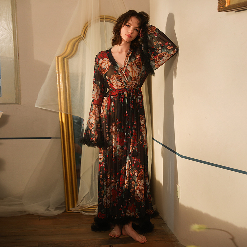 Original Design Floral Print Mesh Nightgown with Feather Tassels, Flared Sleeves, and Tie-Up Bathrobe. Factory Can Provide Samples