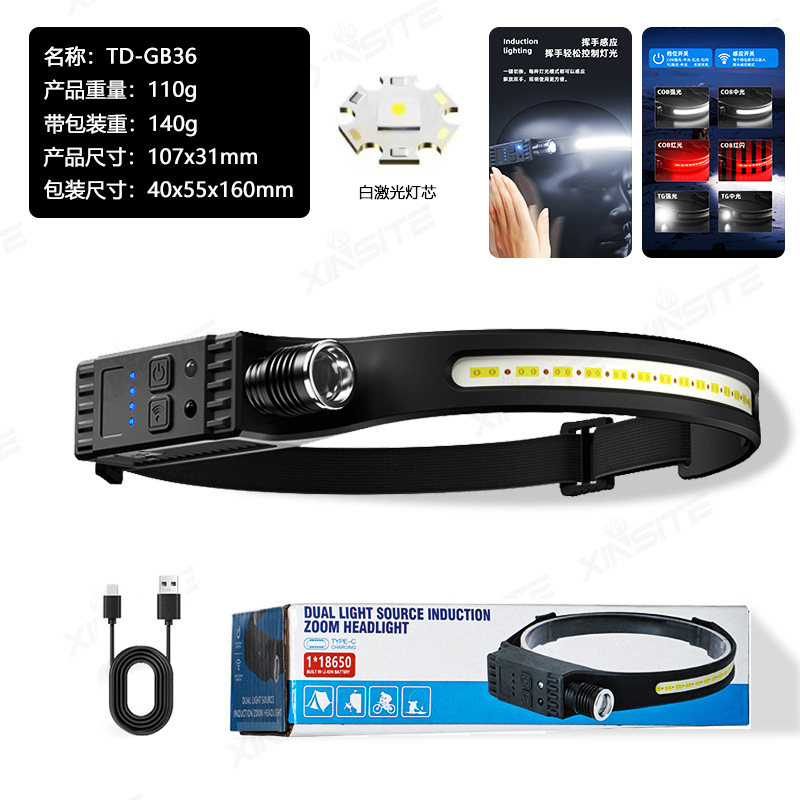 Handout inductor COB luz de viaje al aire libre USB recargable luz de carrera nocturna luz de reflexión luz de silicona luz de cabeza