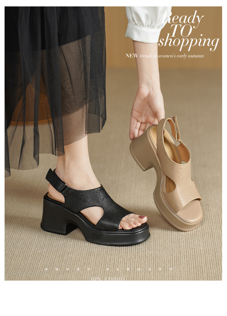 Sandal nữ đế dày gót vuông quai ngang khóa một dây phong cách La Mã — đen chi tiết 1