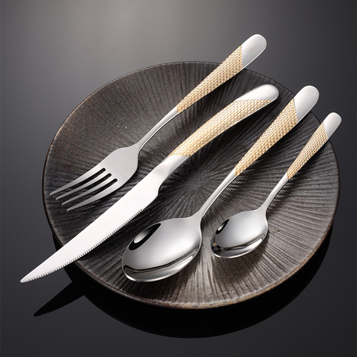Iron 410 stainless steel star diamond series cutlery, fork, spoon, western tableware, gold-plated four main parts, multi-specification hotel gifts
