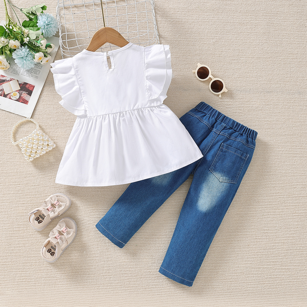 Cotton Fabric Type Pants Sets Sets Type Simple Style Solid Color Pearl Ruffles Cotton Girls Clothing Sets