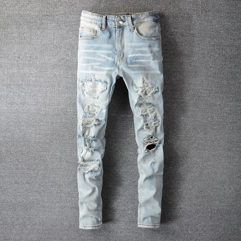  casual hip-hop high street frayed and worn out washed and ink painted slim jeans men #808