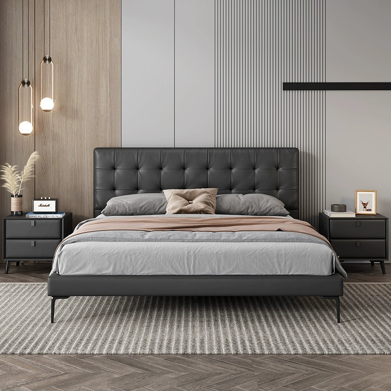 Cama de cuero de estilo medieval, cama principal moderna simple, cama doble retrógrada de 1.8m, cama individual de borde pequeño