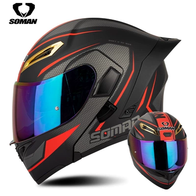 Motosiklet kaskı (dəbilqə) | New SOMAN motorcycle helmet riding - black-and-red-track-with-color-film-s