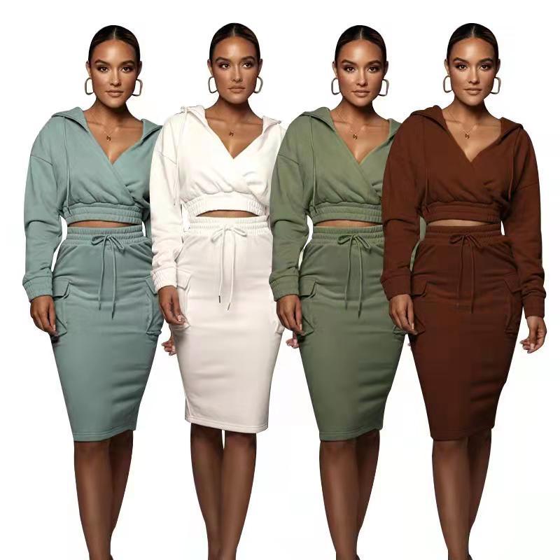Women's Clothing 2024 autumn and winter solid color V neck hooded hip mid skirt women's urban casual long sleeved sweatshirt suit_voghion.com