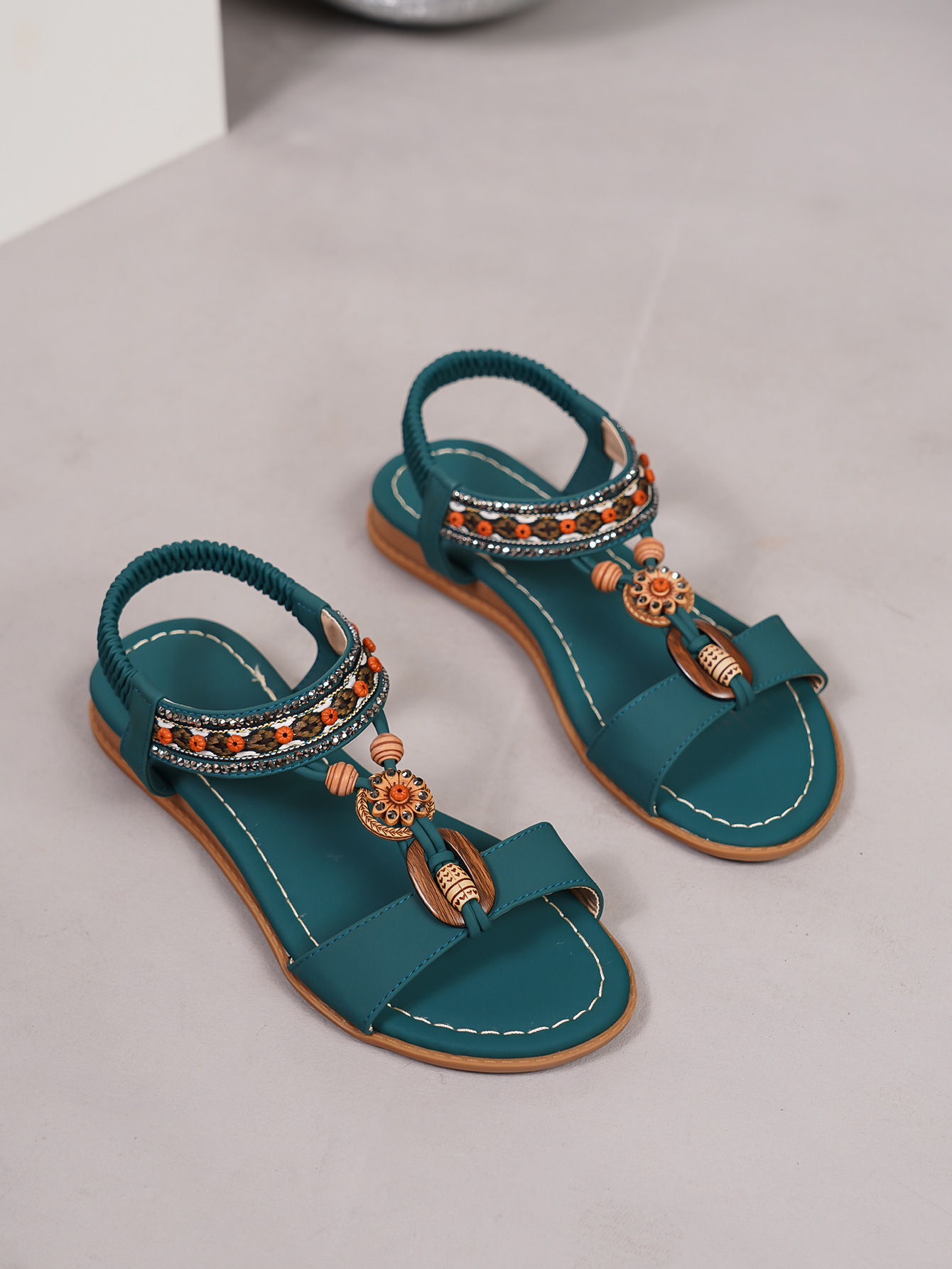 Women's Rhinestone Sandals With Floral Buckle Flat Slides_voghion.com