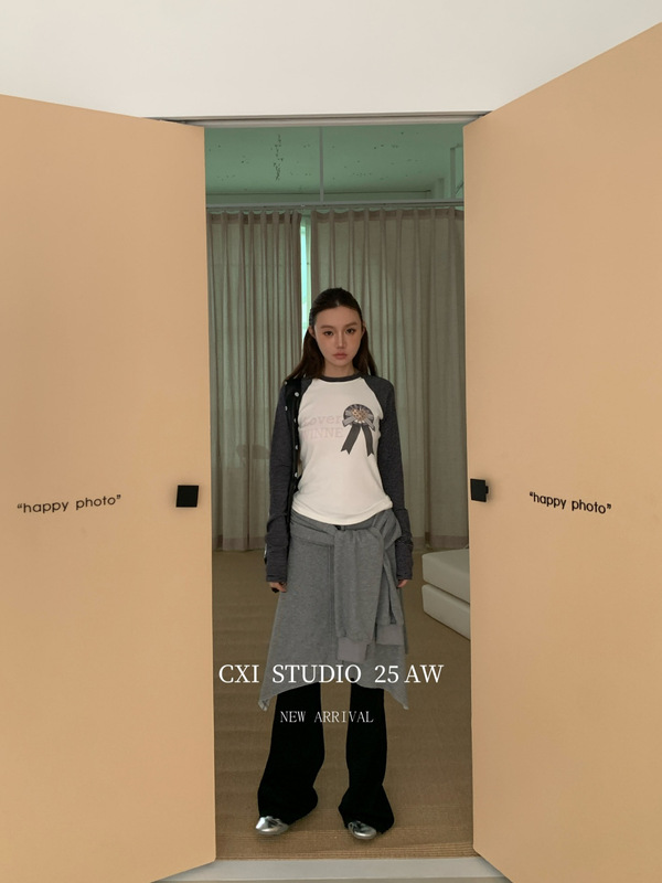 CXI撞色复古插肩袖T恤女秋季新款美式辣妹休闲打底修身显瘦针织衫|undefined