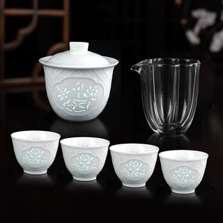 高级质感影青瓷雕刻玲珑功夫茶具套装泡茶器家用办公室品茗景德镇