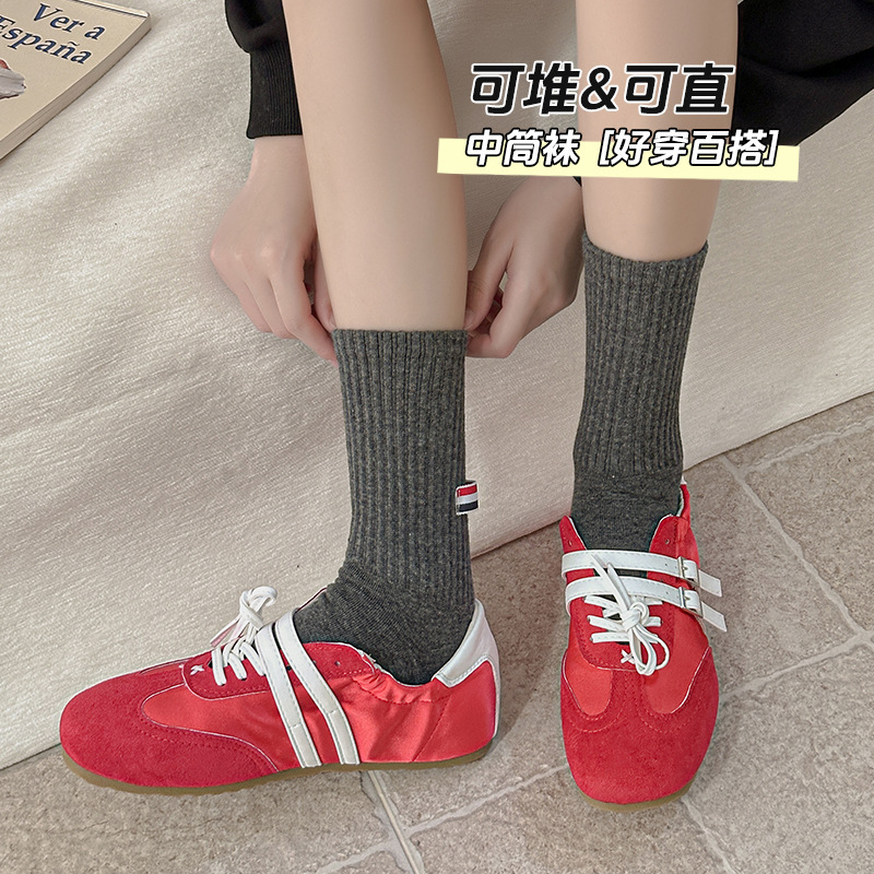 袜子女后跟条纹布标中筒袜秋冬简约韩系休闲棉袜纯色百搭款堆堆袜|undefined