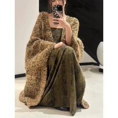 欧美风慵懒宽松中长款毛衣外套女秋冬新款高级感撞色长袖针织开衫