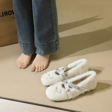 836-78 Sweet and Fluffy Fashionable Mink Fur Women's Shoes, High Grade Water Diamond Butterfly Knot Cross Trip Belt Round Head Single Shoe