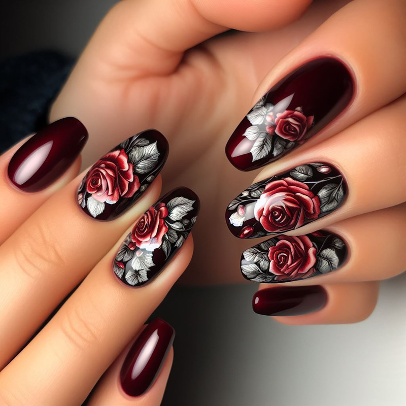 Chinese Ballet False Nail Fuchsia Rose Flower Gothic Sweet Cool Dark European and American Vintage False Nail