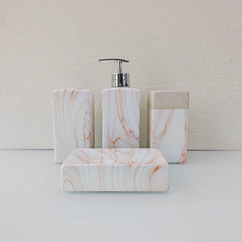 Water transfer white earth bathroom four-piece marble perfume bottle lotion bottle gargle cup soap dish toothbrush cup