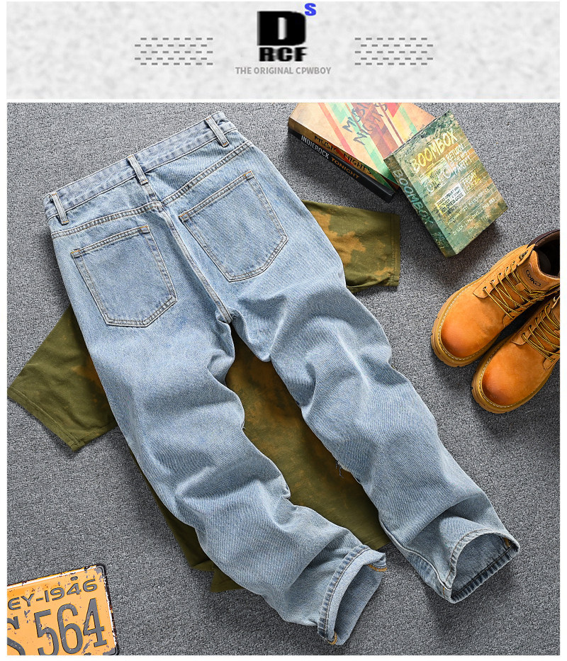 Men's Clothing Retro Distressed Patchwork Jeans For Men, Loose Straight Leg, Trendy Brand Pants._mkmklike.com