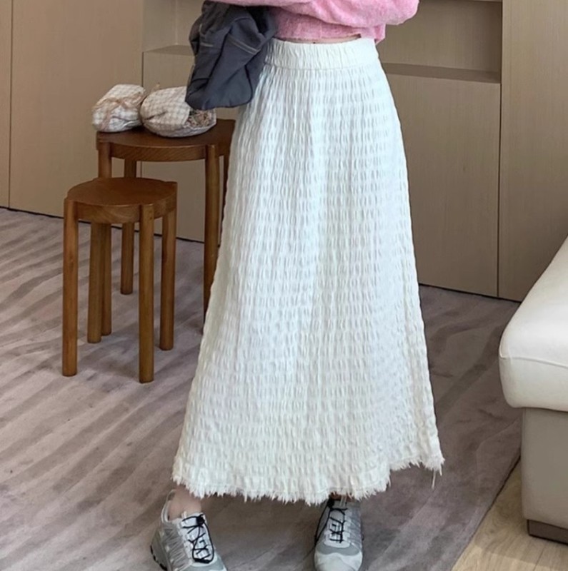 褶皱肌理感针织半身裙女秋冬新款毛边流苏a字伞裙高腰显瘦包臀裙|undefined