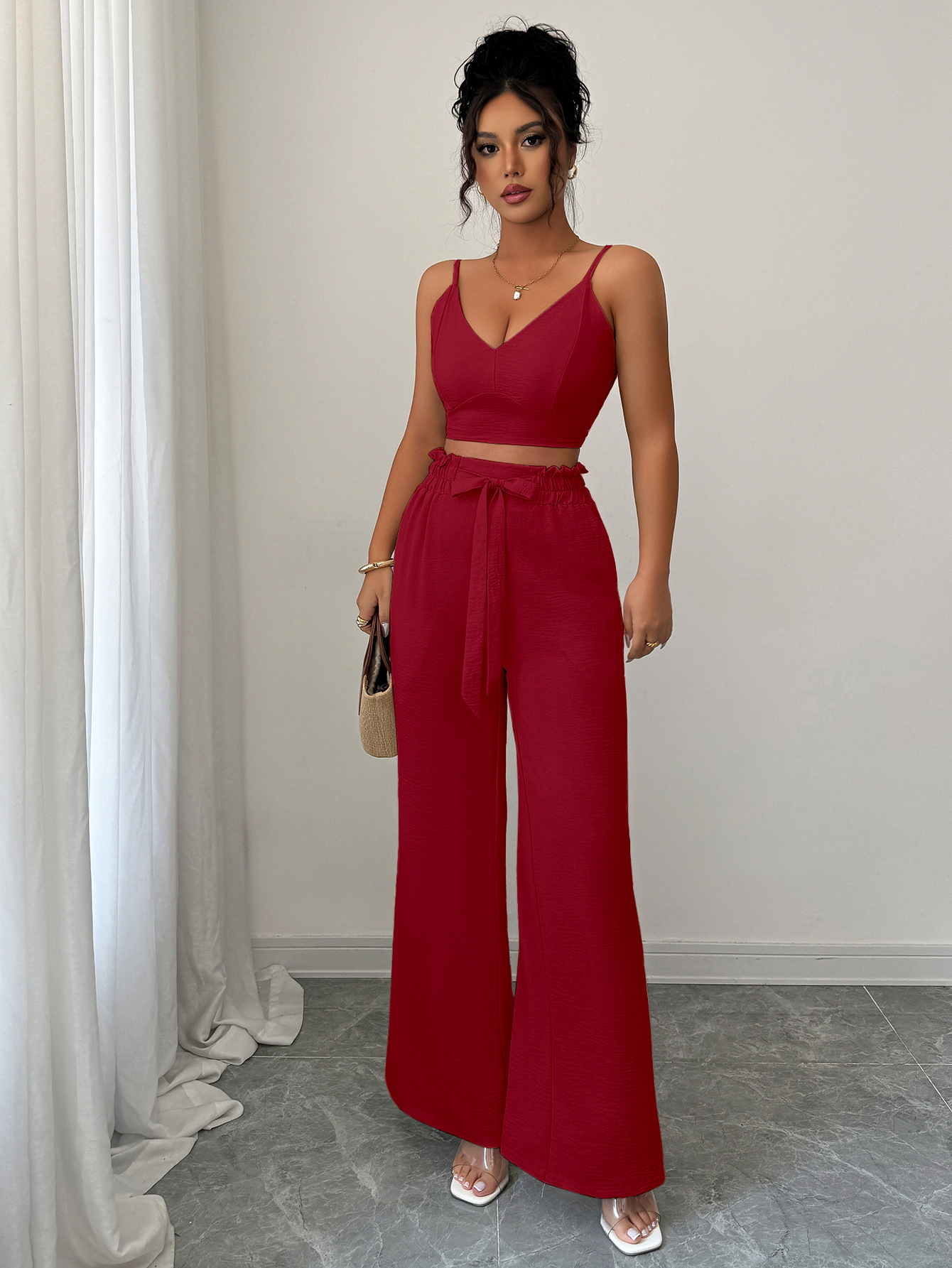 364g Weight Sleeveless Sleeve Length Polyester Fabric Type Pant Co-ord Set Sets Type 2 Pieces Set Quantity Casual, Daily Occasion Strap Neckline Slim, Loose Fit Type Solid Color Pattern Summer Season Women's Gender Casual, Sexy Style Casual Daily Women's Casual Sexy Solid Color Polyester Pant Co-ord Set Pants Sets 16