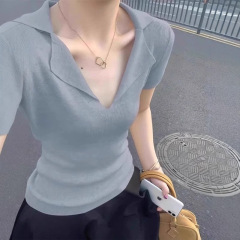 スリムフィット、小柄な人向け、2025年年齢軽減、小さめフレグランススタイル、ダブルラペル半袖セーター、スリムフィットTシャツ、女性用