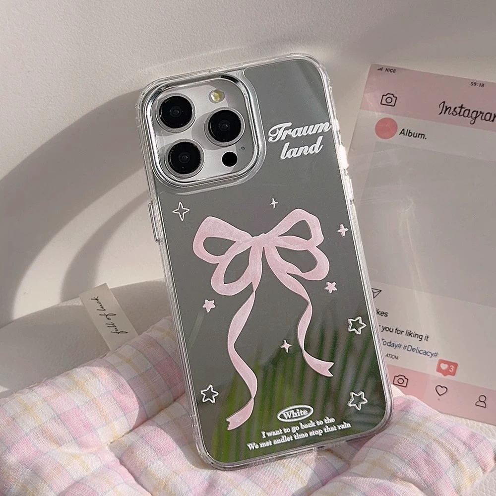 Apple, huawei, compatible phone case with bow, cartoon cute protective case, mirror effect, iphone, Japanese and Korean