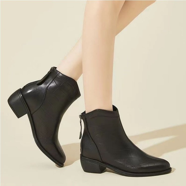 ShoeVault Chunky Heel Short For Women 2024 Autumn Winter New Pointed Toe Side Zipper Casual Cigarette Fashion Spring Korean Style_voghion.com