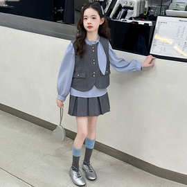女童jk套装春秋2026新款洋气儿童学院风女孩马甲衬衫百褶裙三件套