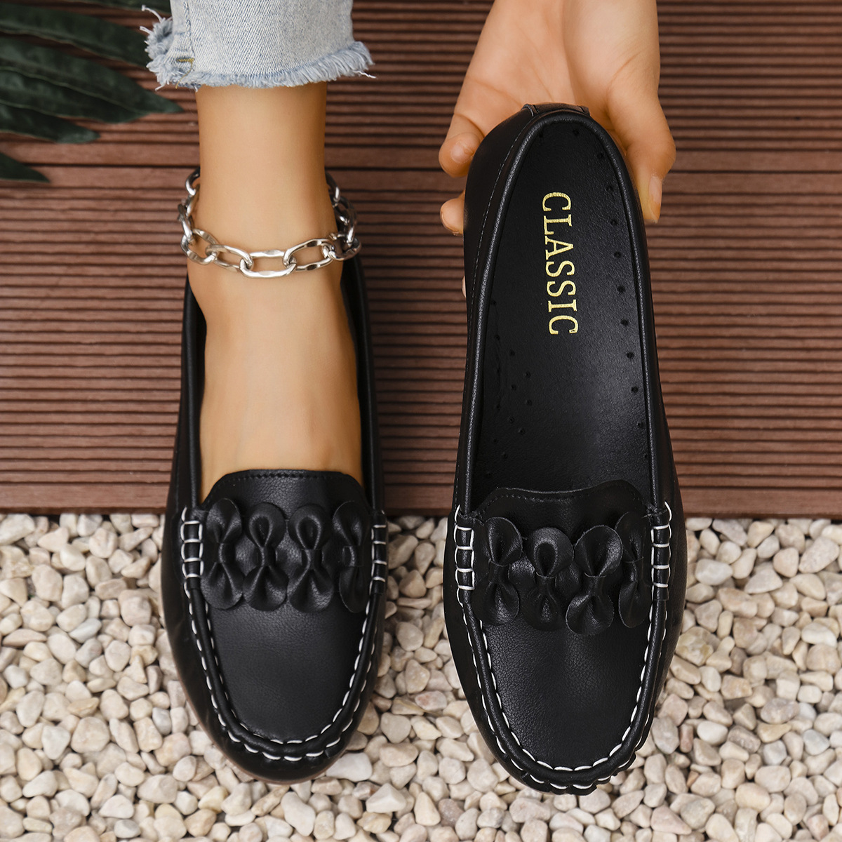 Mocasines Planos para Mujer de Cuero Artificial, Tacón Bajo, Cierre Autoadhesivo, para Banquetes