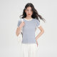 Ji You Korean Shoulder Round Neck Blue Striped Short-sleeved T-shirt Women's 2025 Spring and Summer Popular Slim-fit Beautiful Small Top