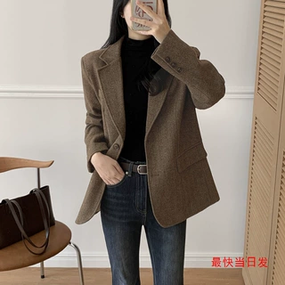 韩国chic早秋 气质撞色宽松 单排扣长袖西装外套女