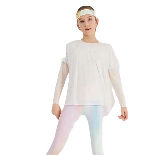 New Summer Girls Children Yoga Set Long Sleeve Double Layer Lightweight Breathable Sun Protection False Two-Piece Quick-Dry Exercise Fitness Clothes