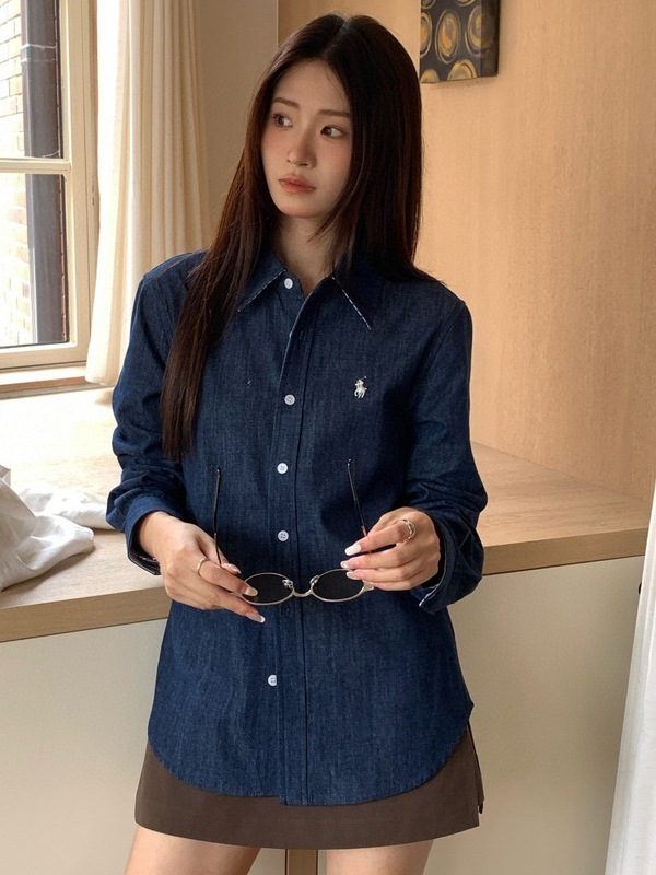 原版RL拉夫牛仔衬衫女装小马标刺绣美式复古衬衣老钱风polo领上衣|undefined