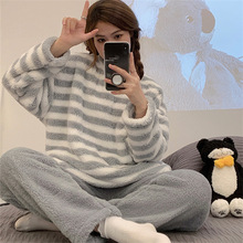 秋冬季新款睡衣女法兰绒加厚女甜美卡通休闲长袖套头珊瑚绒家居服