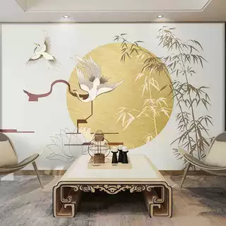 定制式古典沙发电视背景墙壁纸仙鹤梅兰竹菊茶室包间墙纸卧室壁画