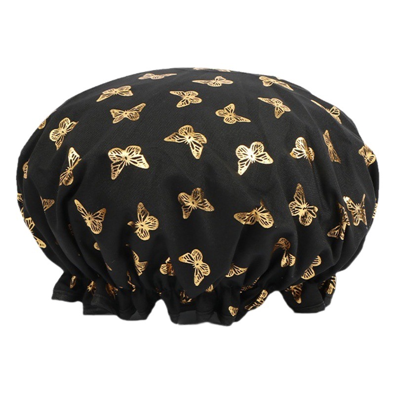 Yiwu Double-Layer Shower Cap for Women, Waterproof, Steam-Proof, Thick and Durable, Shower Hair Mask for Women, Gold-Printed Peva