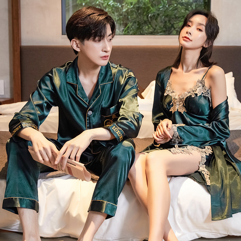 Couple's Pajamas Spring and Autumn Ice Silk Sexy Sling Nightgown Nightgown Women's Lace Silk Men's suit Home Clothes