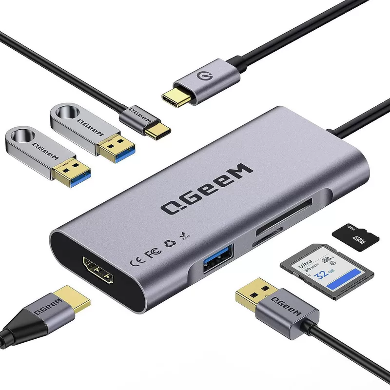 Док-станция QGeeM 7-в-одном Type-C с поддержкой HDMI HD 4K видео, блок питания, совместимый с несколькими портами USB компьютер