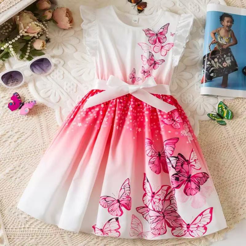 2025 vestido transfronterizo para niñas, posicionamiento de mariposas, vestido de princesa con estampado digital, vestido de manga voladora para niños europeos y americanos