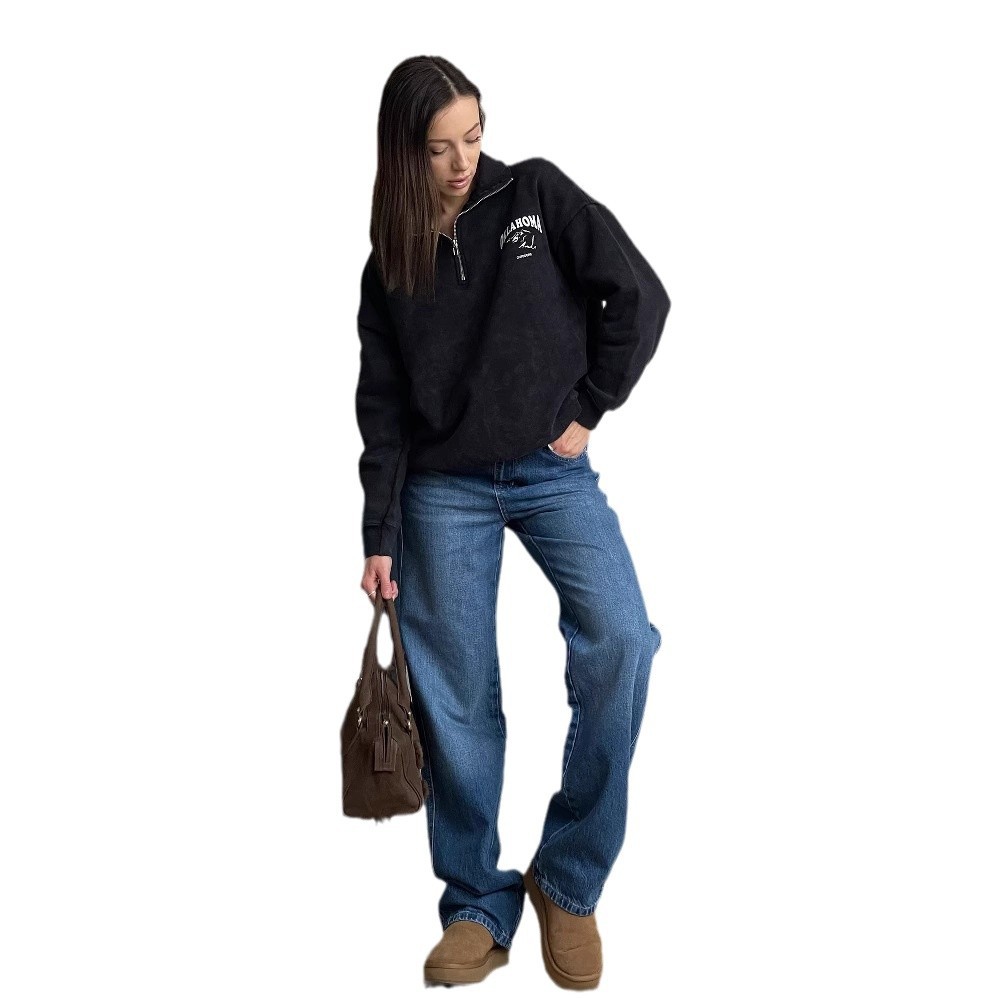 Autumn New Letter Print Half-Zip Fleece Sweatshirt Women, High-End Washed Vintage Style Top Coat For Women_voghion.com