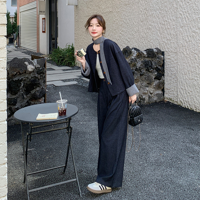 实拍又a又飒条纹拼接牛仔套装女春2025新款韩系休闲阔腿裤两件套|undefined