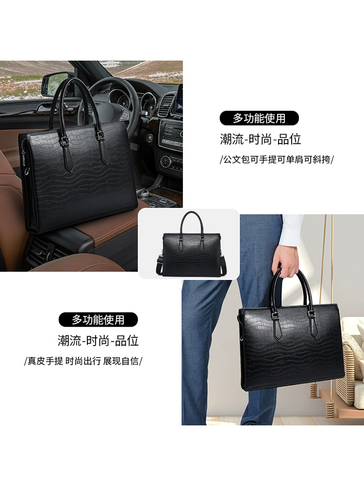 Leather bag, men's capacious laptop, custom-made, cowhide, crocodile print, genuine leather, business version