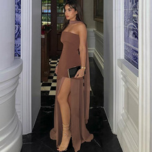 欧美2025新款春季女装性感修身露背网纱拼接抹胸连衣裙围巾领套装