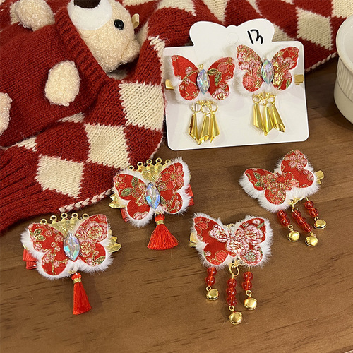  New Year red Chinese style Hanfu headdress hairpin girl baby hair ball ancient style hair accessories doll head flower