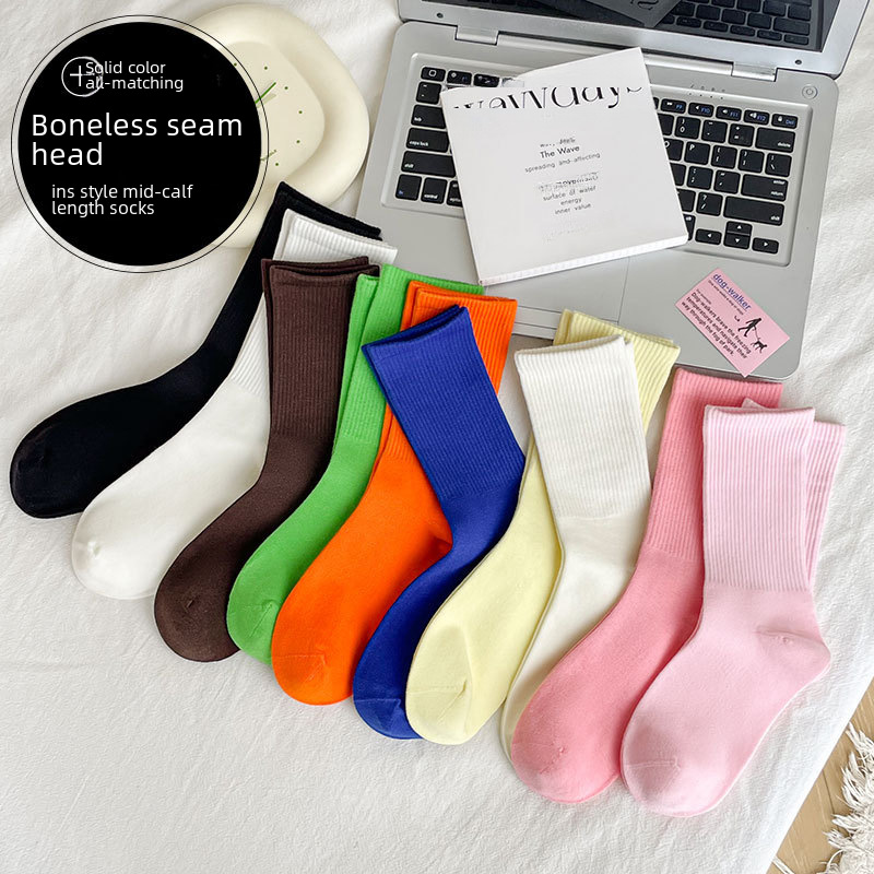 純色襪子女夏薄款防臭吸汗精梳棉無骨堆堆襪白襪子時尚簡約中筒襪