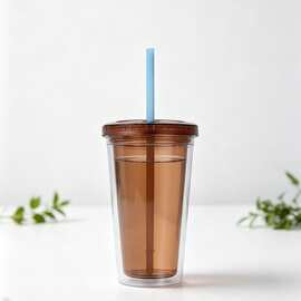 双层透明吸管杯奶茶杯大容量夏季冰杯办公随行杯防摔耐用易清洗