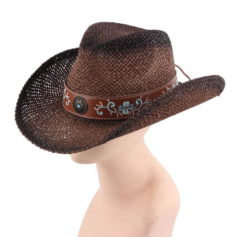 Venta directa de fábrica de paja de papel sombrero de punto a mano transpirable hueco ala curva Denim sombrero de paja bordado accesorios al aire libre sombrero de jazz Retro