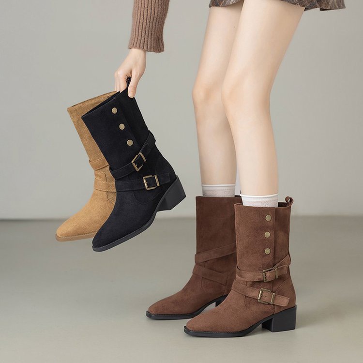 Nuevos zapatos de mujer residuos de tierra occidental botas vaqueras mujeres 2026 primavera versátil zapatos retro casuales botas marrones medianas