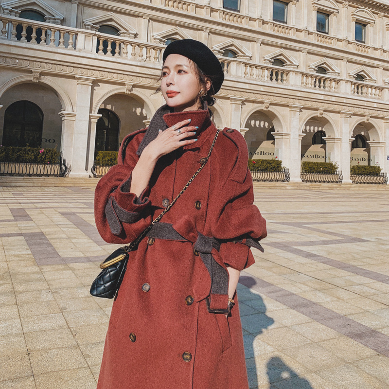 Brick Red Long Woolen Coat for Women's 2023 Winter Hot Selling New Thickened Korean High-end Feeling Hepburn Style Woolen Coat_voghion.com