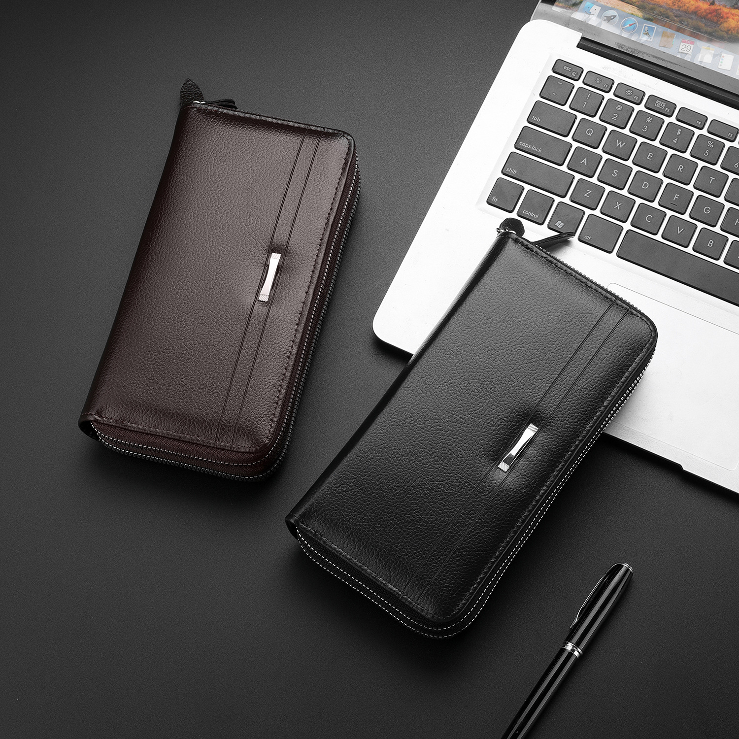 Men's leather clutch bag, soft leather clutch bag, double zipper multi-card slot wallet, business large-capacity clutch bag
