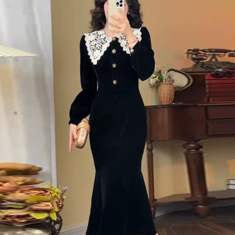 4218 Noble Elegant Mermaid Hepburn Style Black Fishtail Retro Long-Sleeved Slim Women's Slim Dress Winter and Autumn Wear