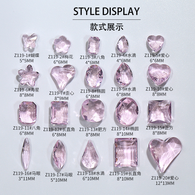 Wholesale ice through pink sweetheart bubble drill nail trinkets through the bottom of the crystal sugar fat square big crooked heart nail decorations