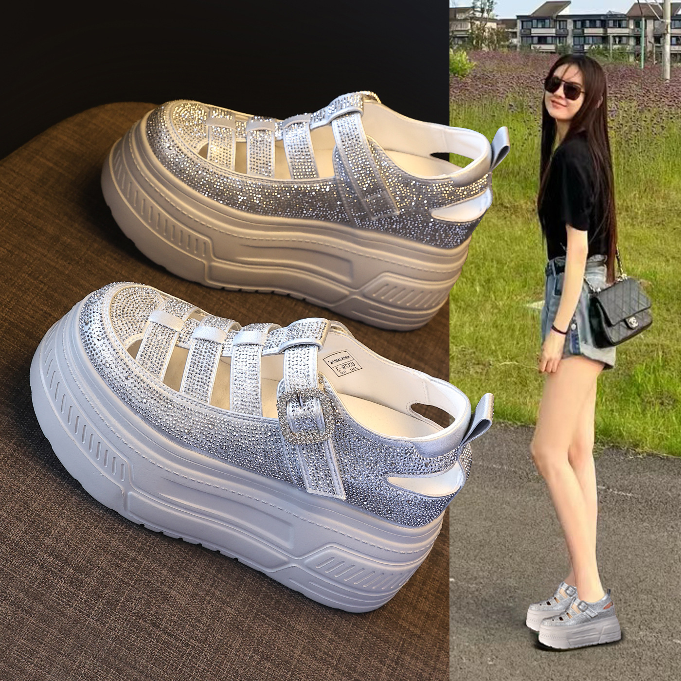 Giày sneaker nữ đế dày tăng chiều cao, phối đá rhinestone, kiểu dáng thể thao trắng tinh — màu trắng